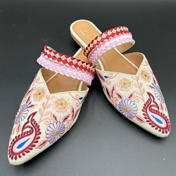 Haute Hippie Shoes - Haute Hippie Embroidered Floral & Paisley Mule Slides Woven Strap Size 8.5 Boho